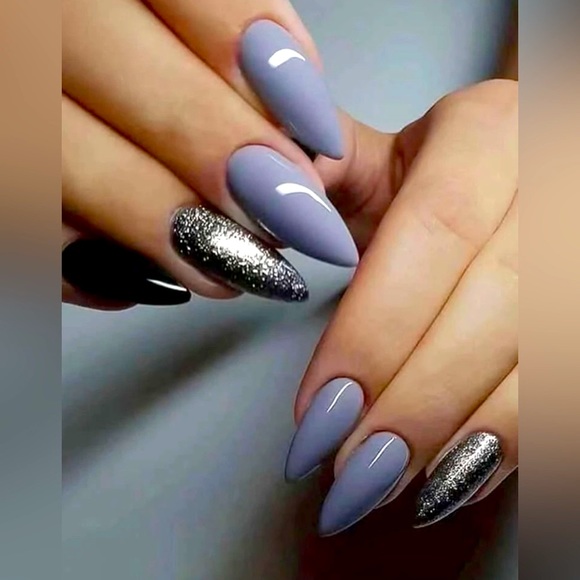 SEXY Grey & Silver Stiletto Long Press On Nails - Picture 1 of 4